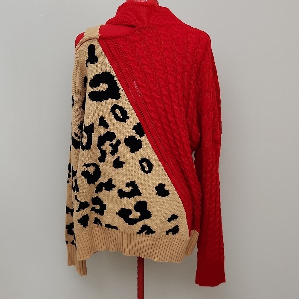 Womens Ribbed Cable knit Red and Leopard Print one shoulder Pullover turtleneck - Picture 4 of 9